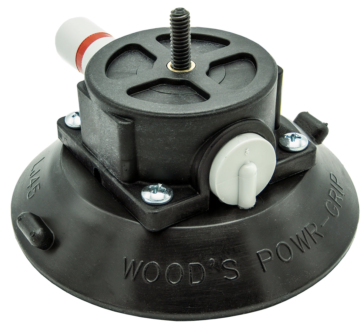 Black mechanical component with 'Wood's Powr-Grip' branding on a white background