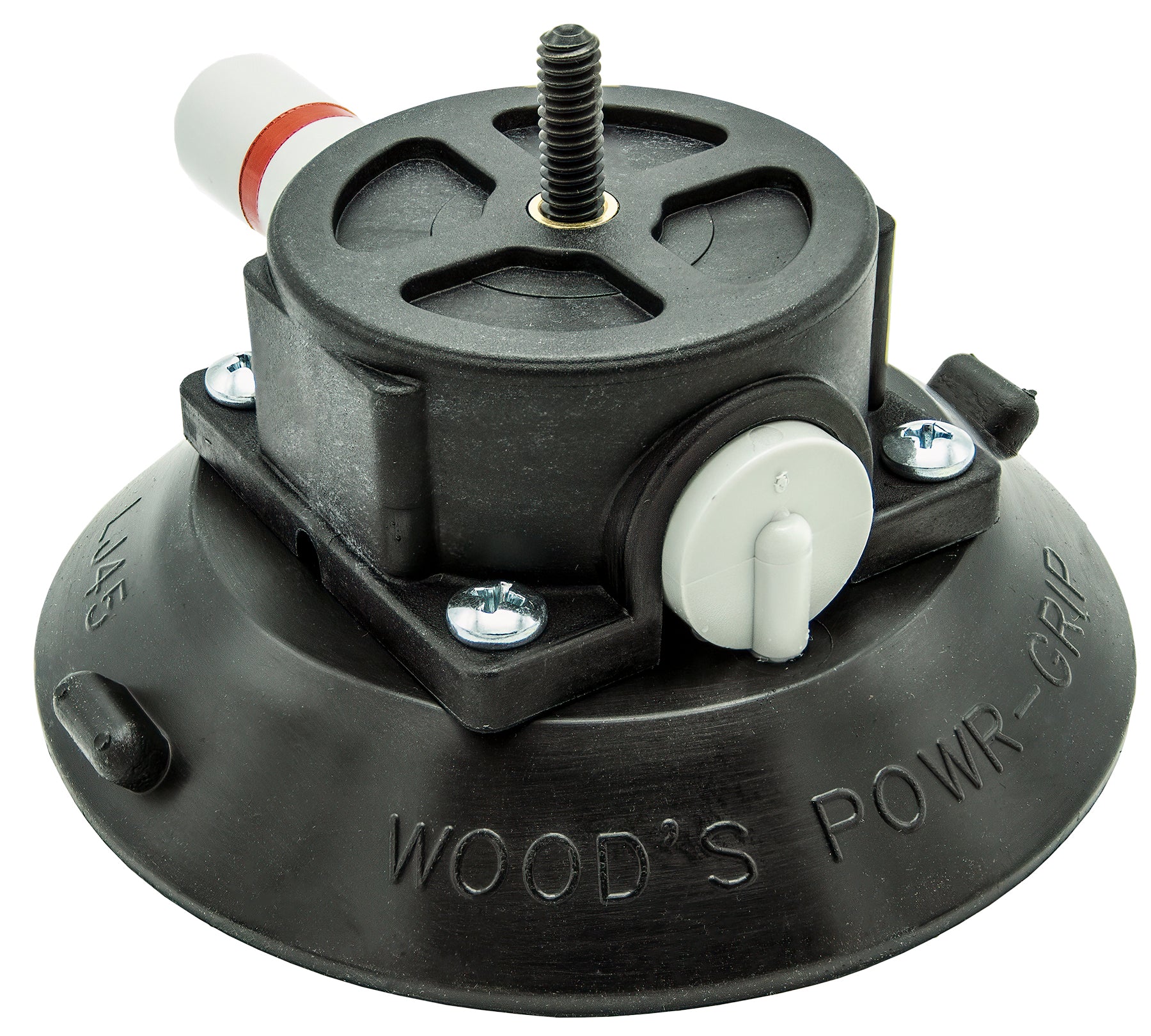Black mechanical component with 'Wood's Powr-Grip' branding on a white background
