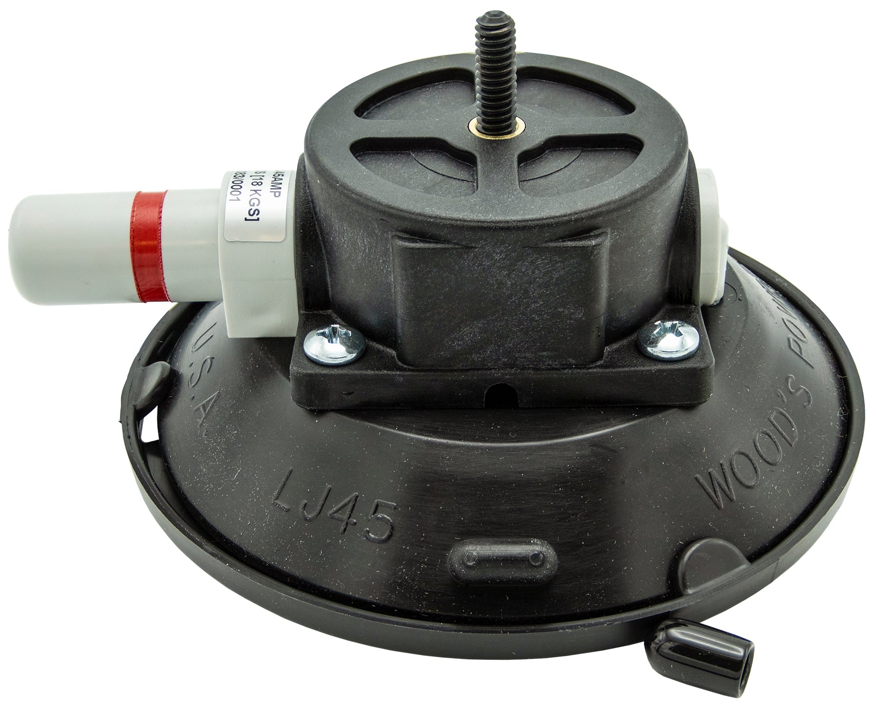 Black mechanical component with visible branding on a white background