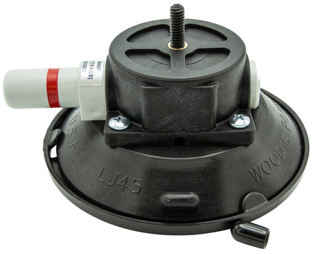 Black mechanical component with visible branding on a white background