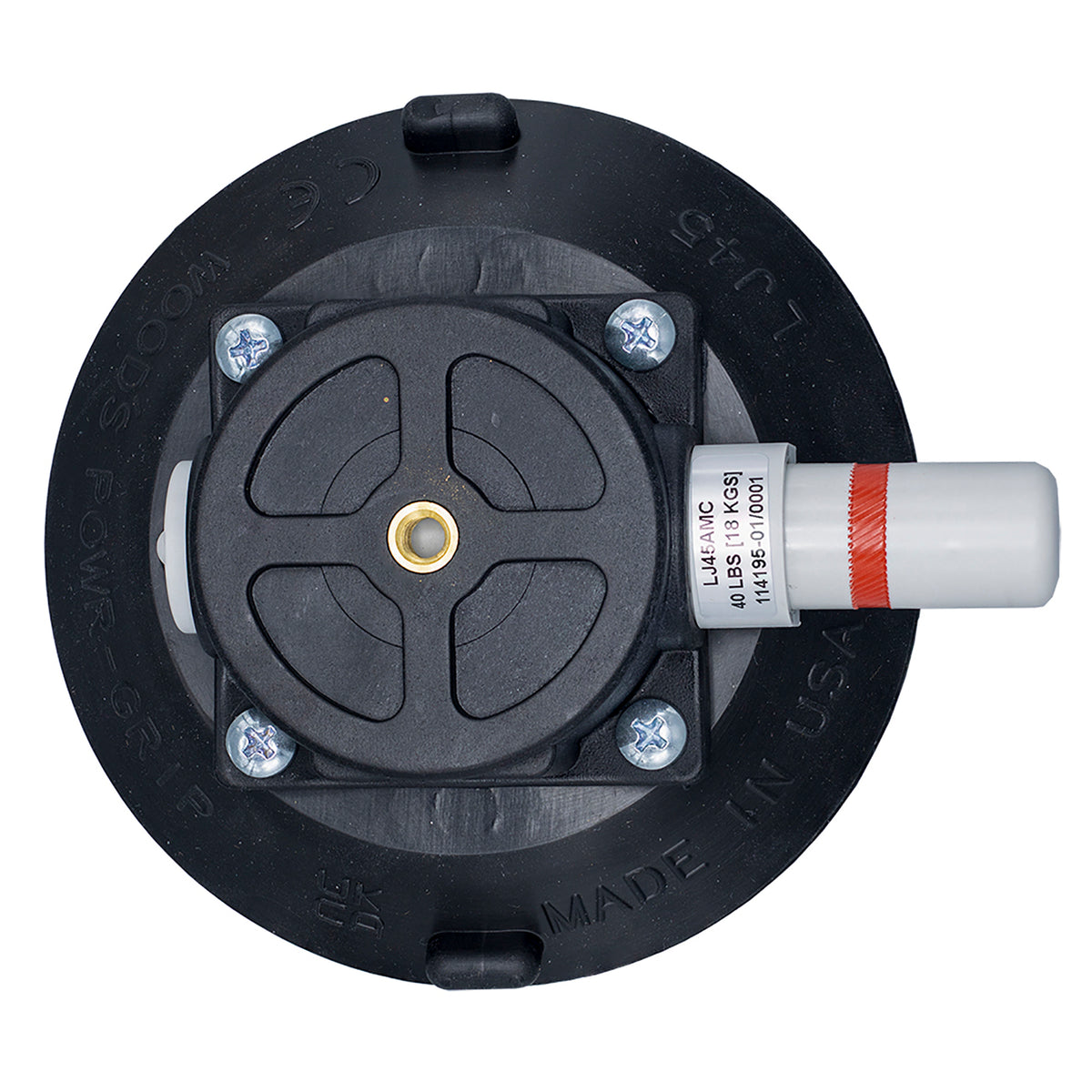 Black 18kg Suction Mount with 1/4" Insert with a cylindrical white part on a white background