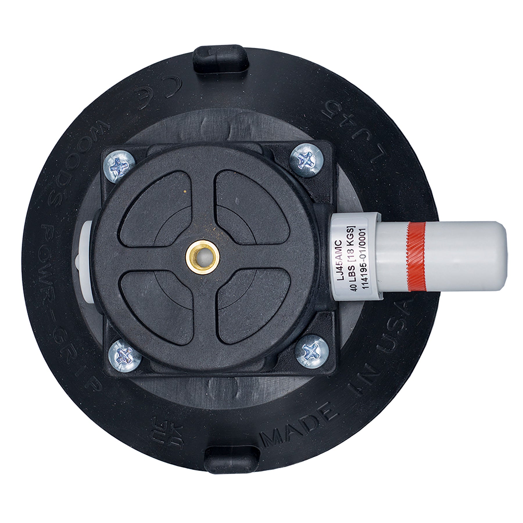 Black 18kg Suction Mount with 1/4" Insert with a cylindrical white part on a white background
