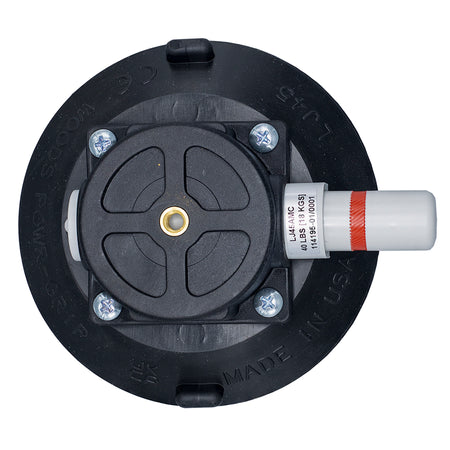 Black 18kg Suction Mount with 1/4" Insert with a cylindrical white part on a white background