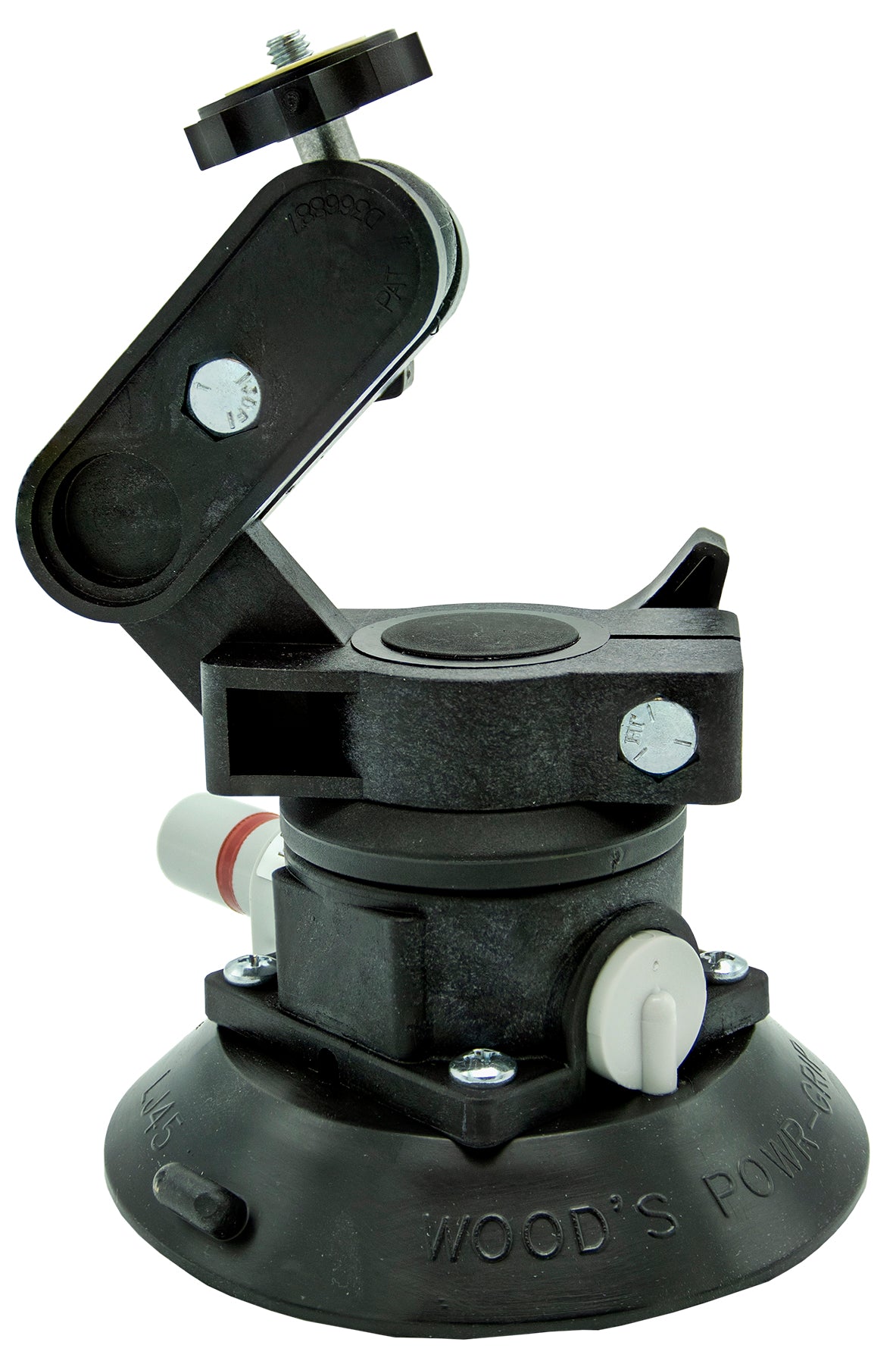 Black adjustable camera mount with suction cup on a white background