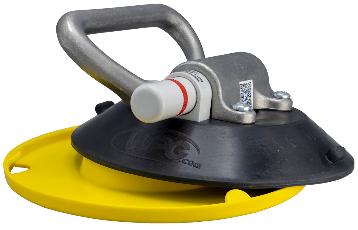 Suction tool with a yellow cover and black and gray handle on a white background