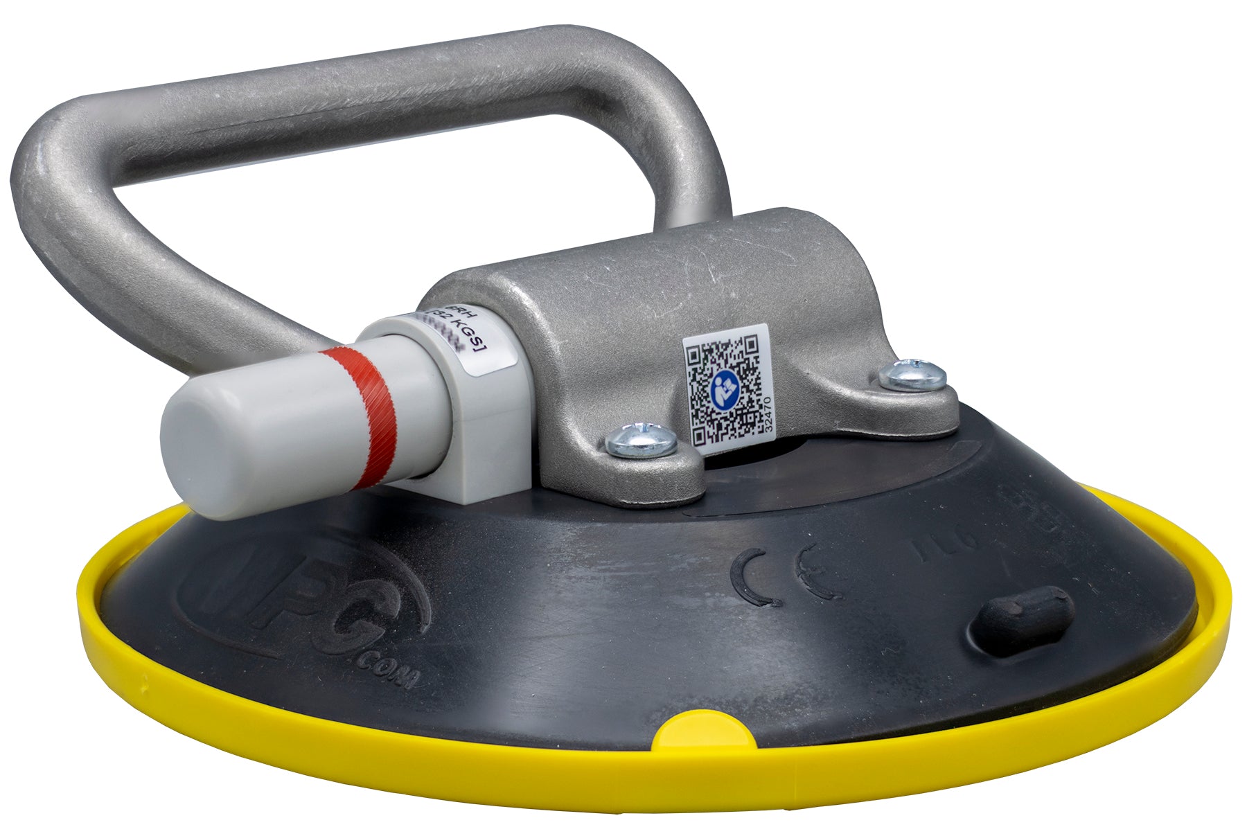 Suction tool with a yellow cover and black and gray handle on a white background