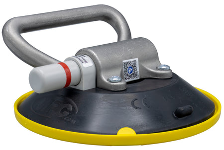 Suction tool with a yellow cover and black and gray handle on a white background