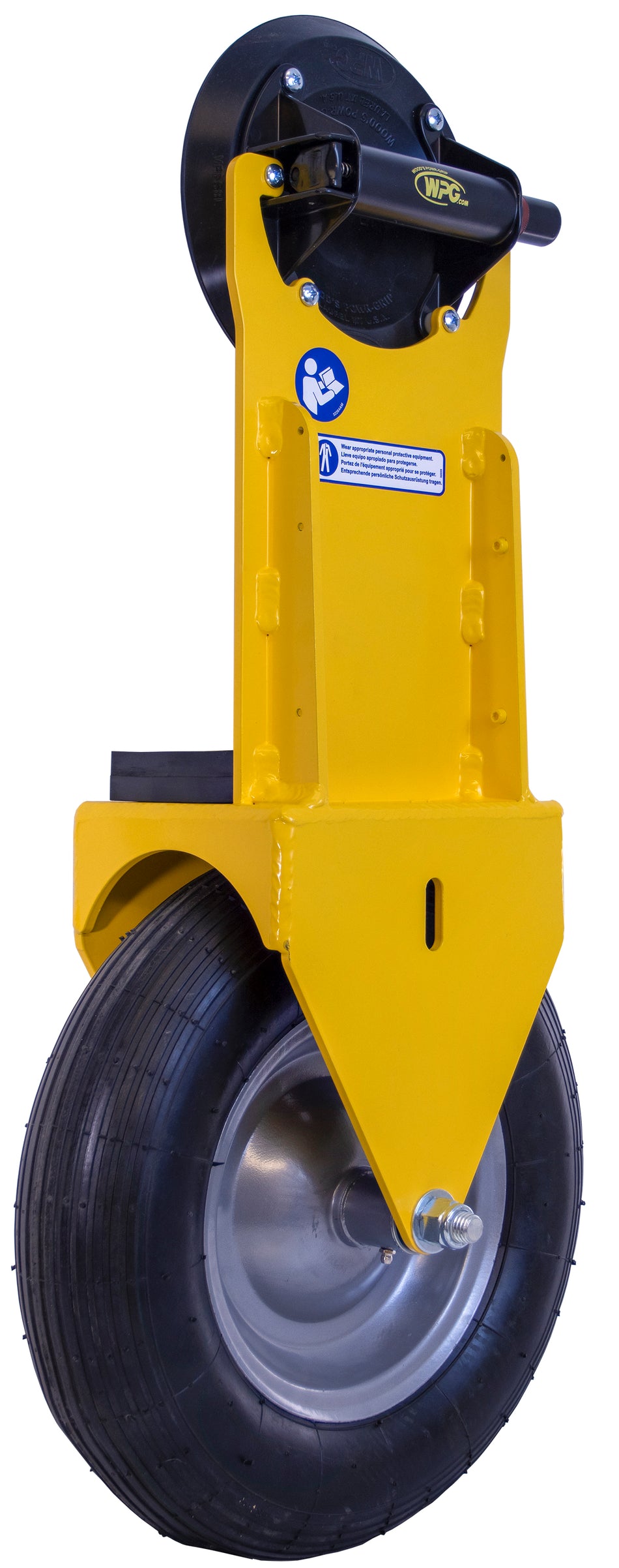 All terrain Yellow uni wheel dolly with black wheel on a white background
