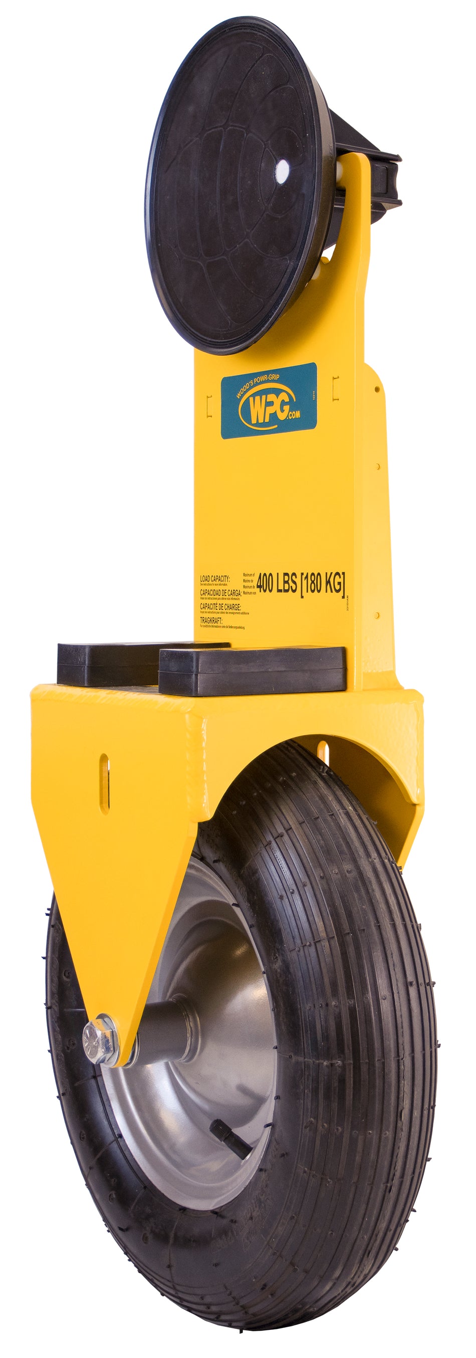 All terrain Yellow uni wheel dolly with black glass suction cup on a white background