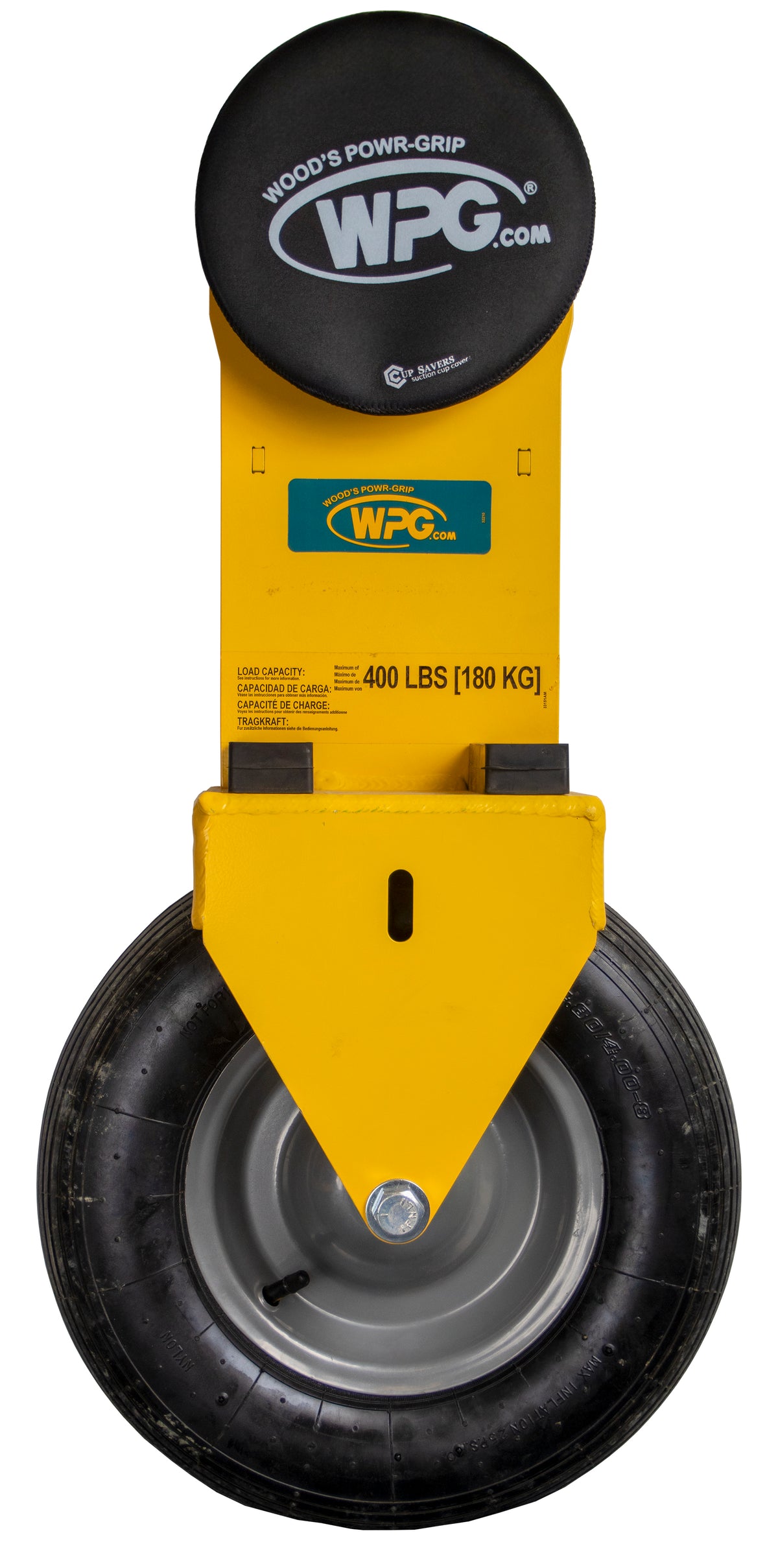 Yellow and black wheel clamp with 'Woods Power Grip' branding on a white background