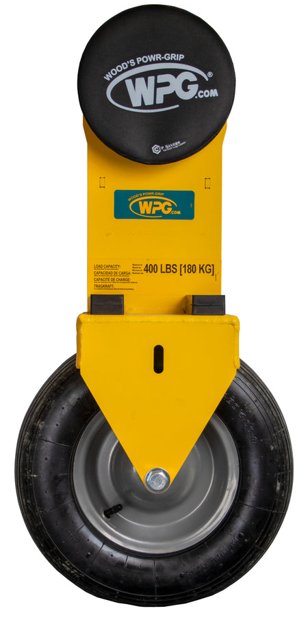 Yellow and black wheel clamp with 'Woods Power Grip' branding on a white background