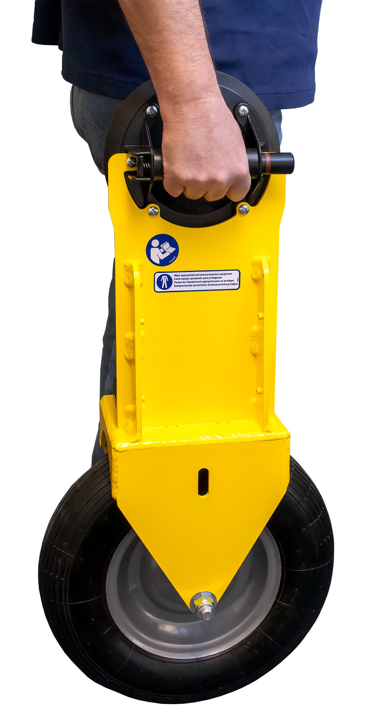 Yellow All-Terrain Uni Wheel Dolly, held by a person wearing a blue shirt.