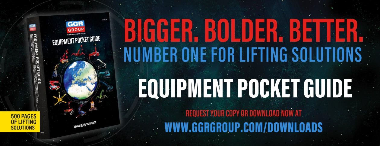 Advertisement for a 'Equipment Pocket Guide' with text about lifting solutions on a dark background.