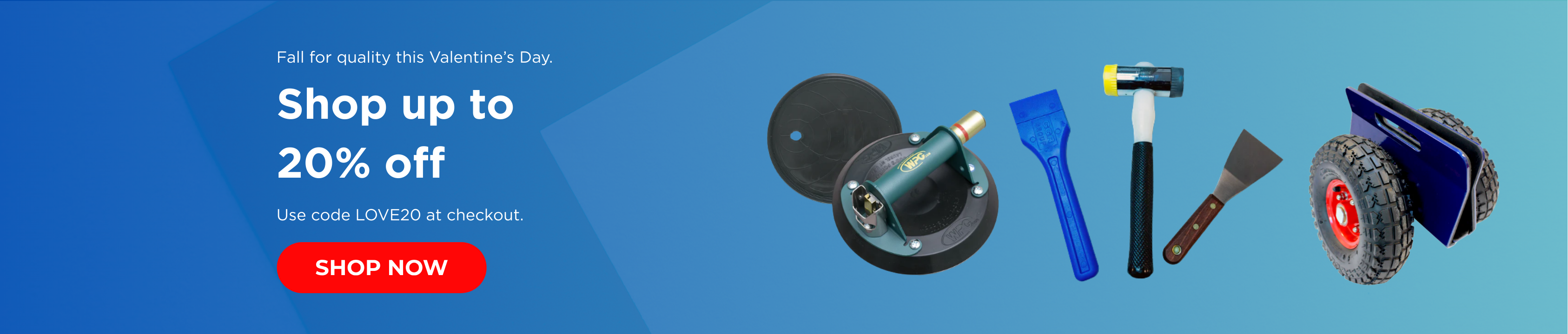 Promotional banner with tools and a discount offer on a blue background