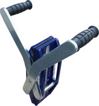 Blue and gray tool with handles on a white background