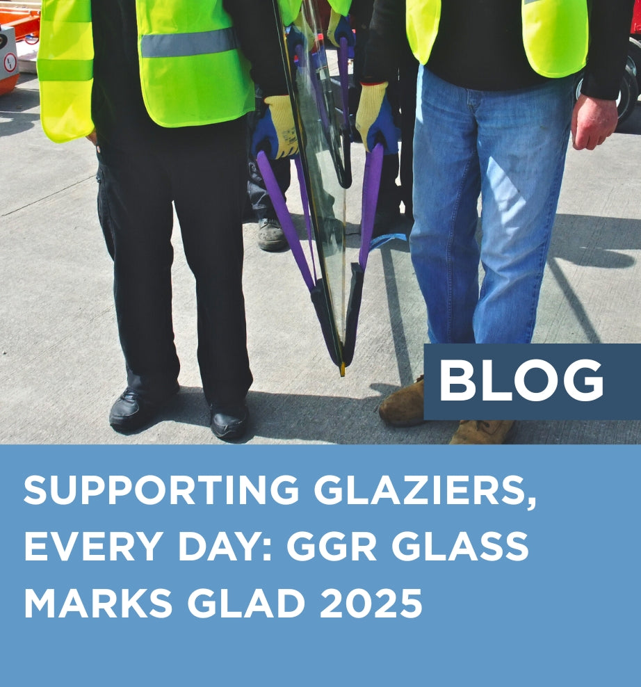Two people in high-visibility vests walking on a sidewalk with text about supporting glaziers and GLAD 2025.