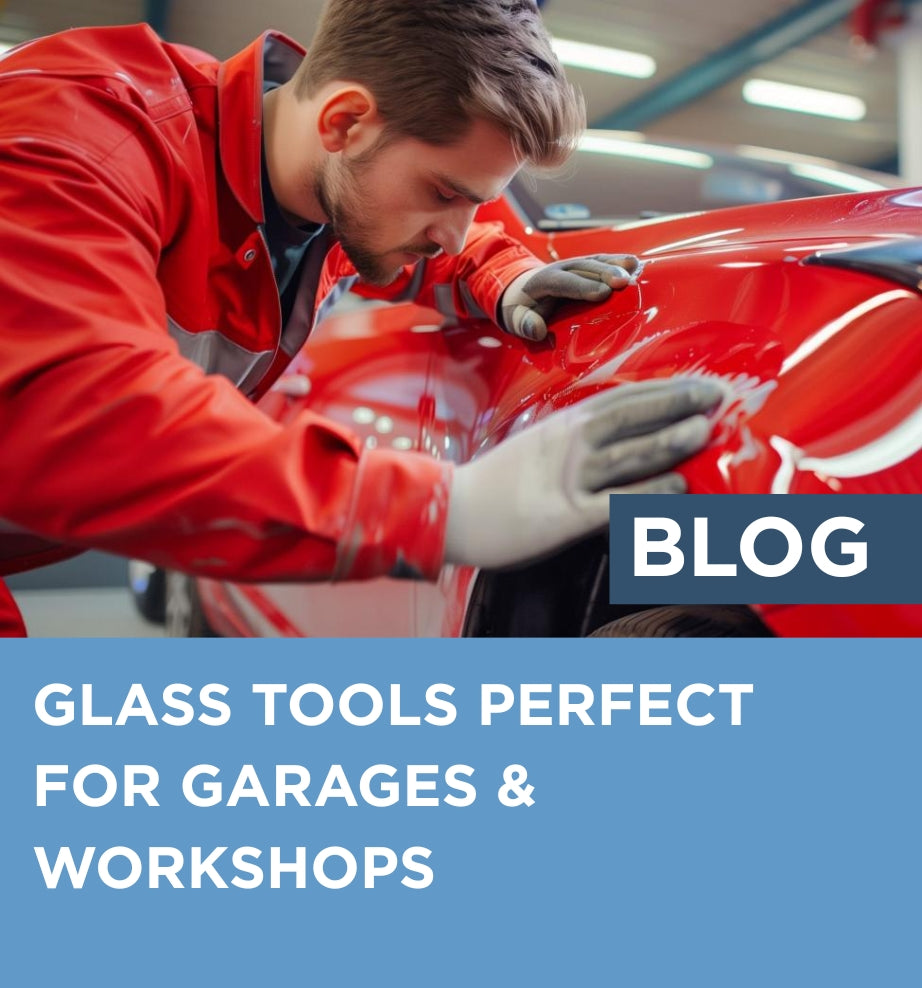 Person working on a car in a garage with text about glass tools for garages and workshops.