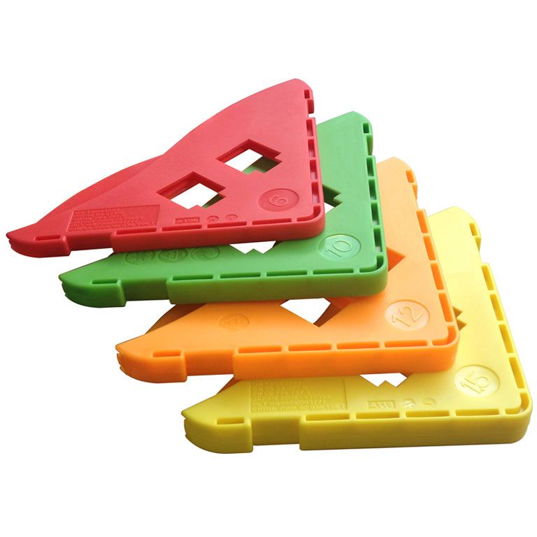 Four colorful corner protector stacked on a white background