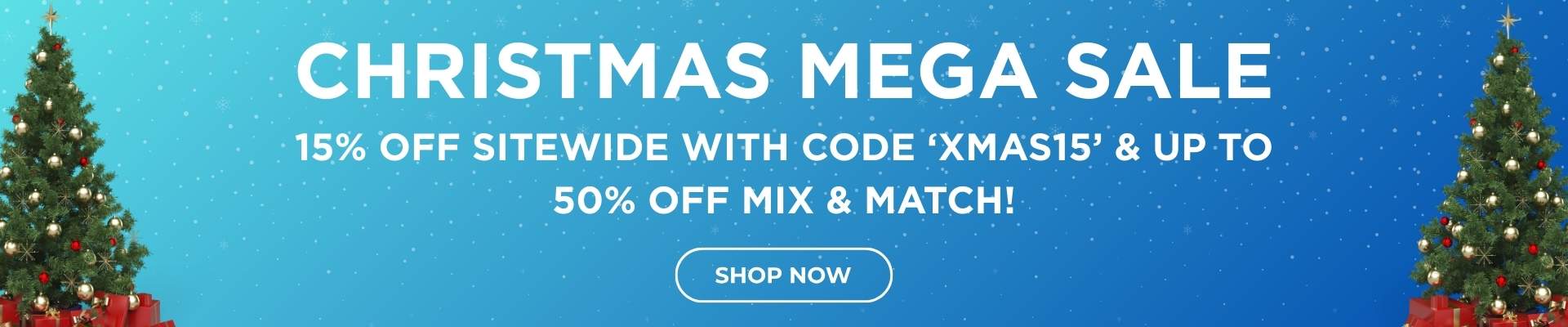 Christmas sale banner with trees and promotional text on a blue background