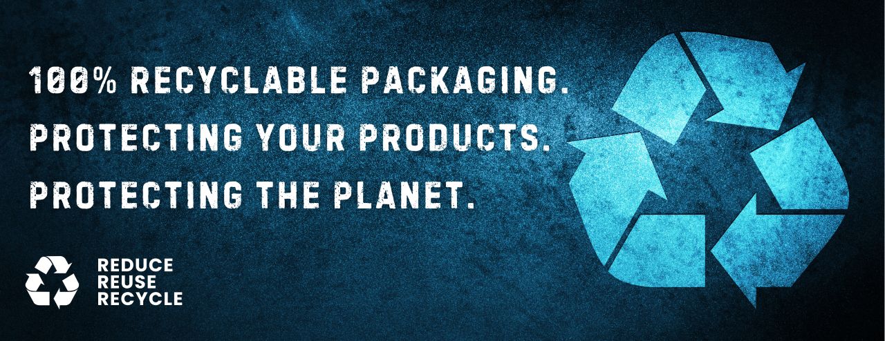 Recyclable packaging message with recycling symbols on a dark blue background